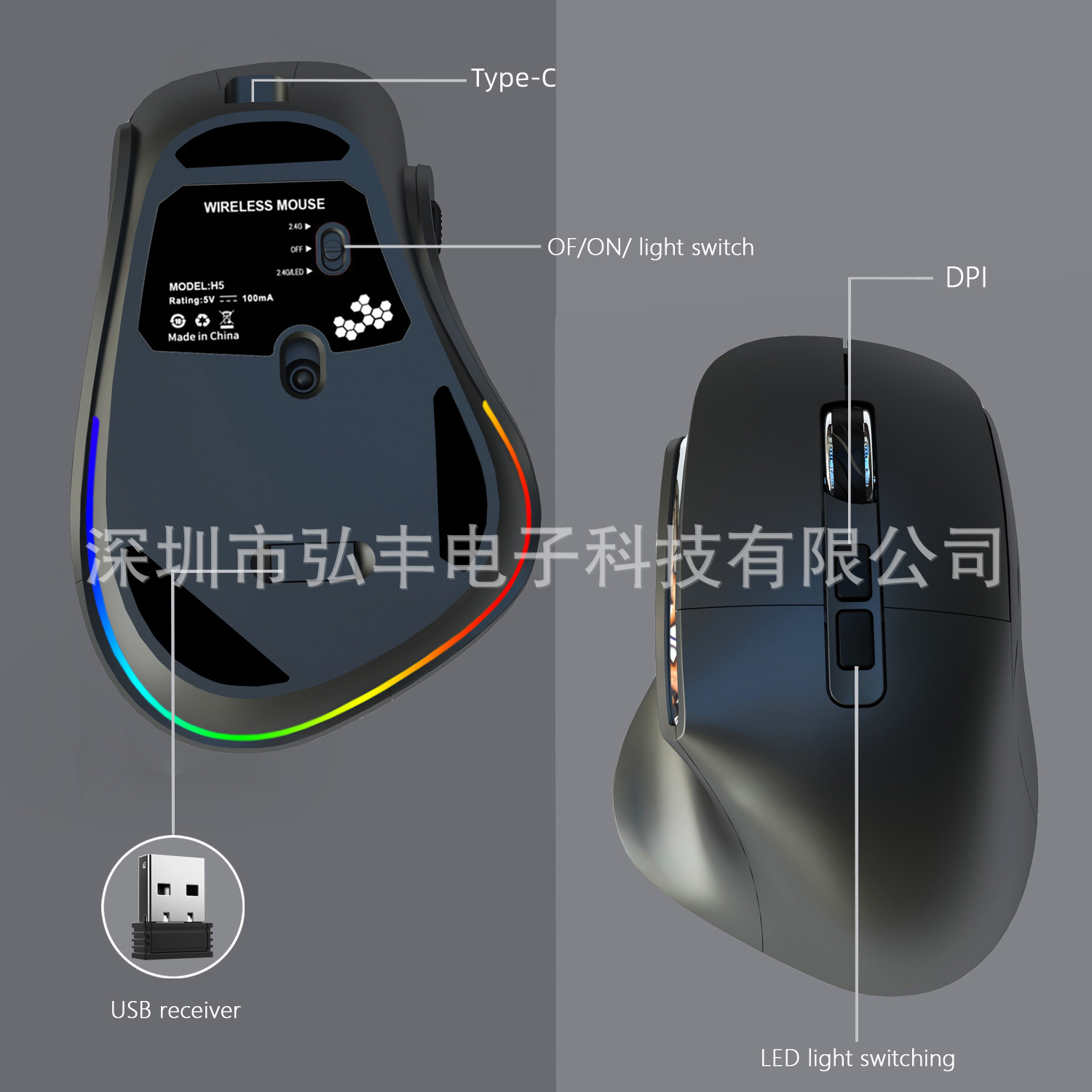 Vertical Wireless 2.4G Wired Dual-Mode Mouse Typec Charging with Finger Rest Gaming Mouse RGB Lamp Bingdian