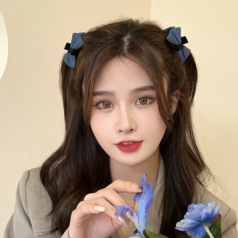 双面牛仔布艺蝴蝶结公主头小抓夹对夹高颅顶发夹侧边刘海夹子发饰