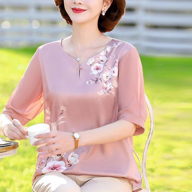 o瓯2妈妈夏装桑蚕丝上衣小个子中老年女装真丝套装阔太太洋气t恤