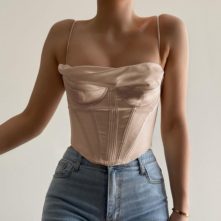 Sexy Satin Fishbone Pleated Halter Top