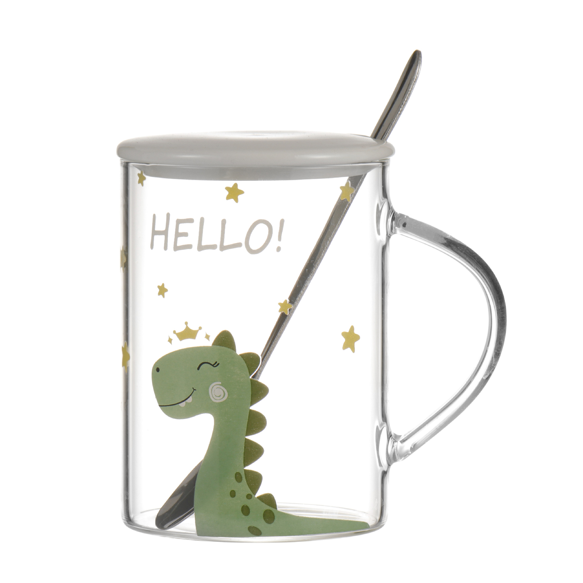 Creative Cute Water Glass Heat-Resistance Glass Large Capacity with Lid Milk Breakfast Cup Office Internet Celebrity Dinosaur Cup