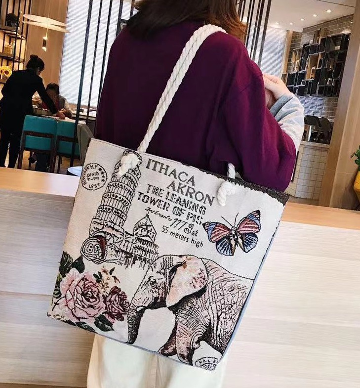 Double-Sided Ethnic Embroidery Thick Rope Bag Women's Live Embroidery Peacock Elephant Canvas Bag Large Capacity Stall Shoulder Bag