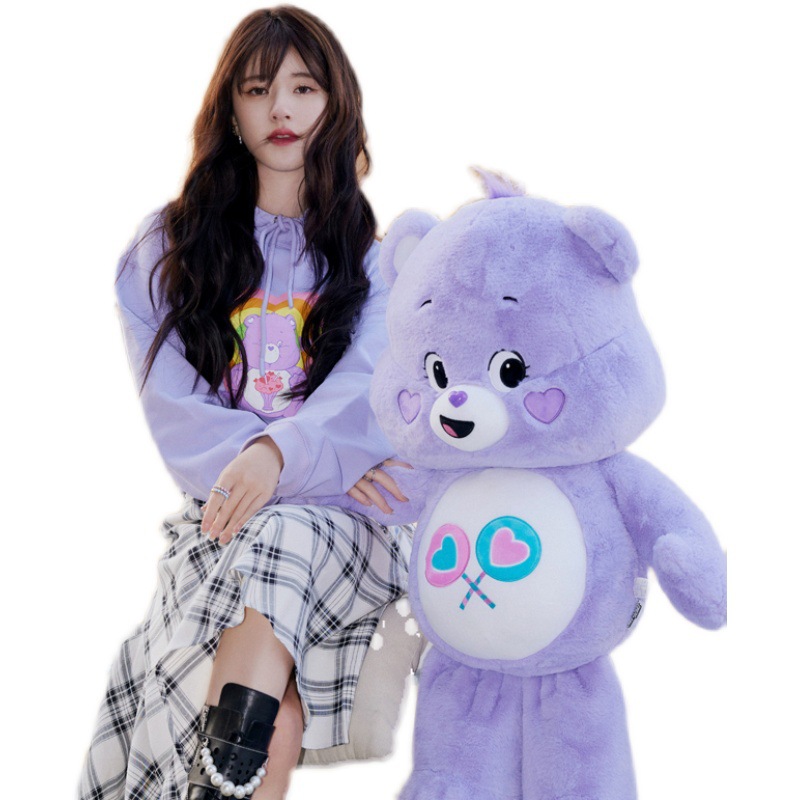 赵露思明星同款2021秋冬卡通小熊印花紫色连帽宽松加绒卫衣外套女