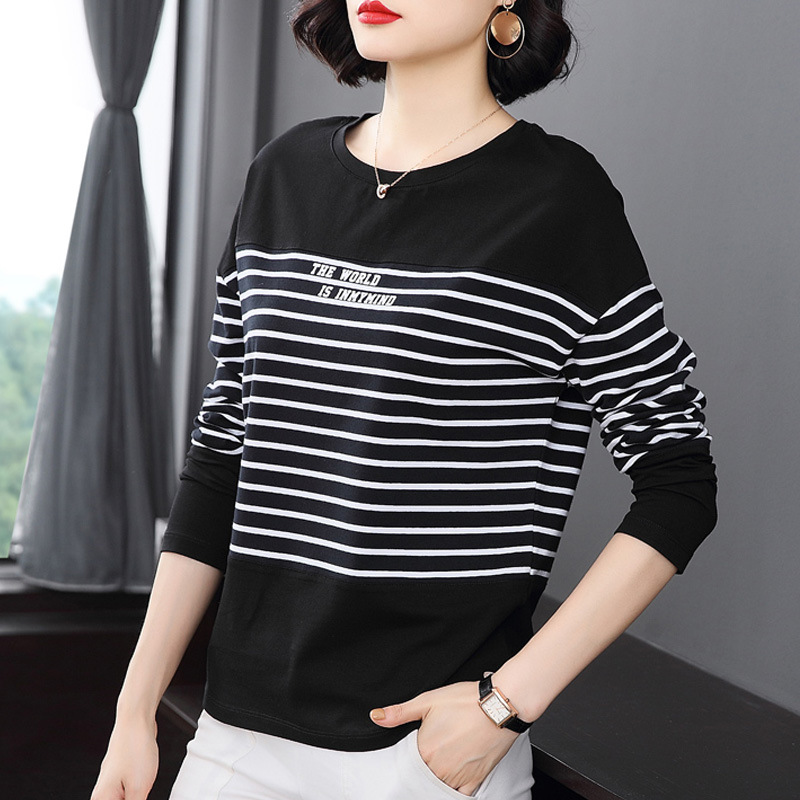 Women's Outer Wear plus Size Cotton T-shirt Long Sleeve Spring and Autumn Clothing Doll Collar Middle-Aged Mom Bottoming Shirt Polo Collar Top