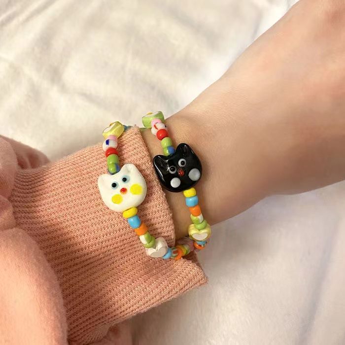 Cute Cartoon Cat Sweet Loving Heart Beaded Bracelet Female Summer Ins Special-Interest Design Girlfriends Couples Bracelet