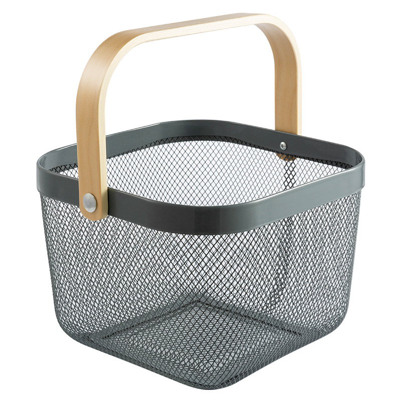 Household Iron Net Wooden Handle Storage Basket Fruit Vegetable Basket Desktop Sundries Dormitory Skincare Storage Basket