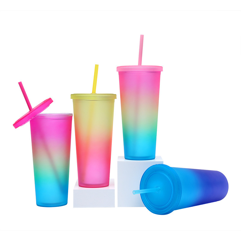 Factory Direct Supply Rainbow Color Double Plastic Straw Cup