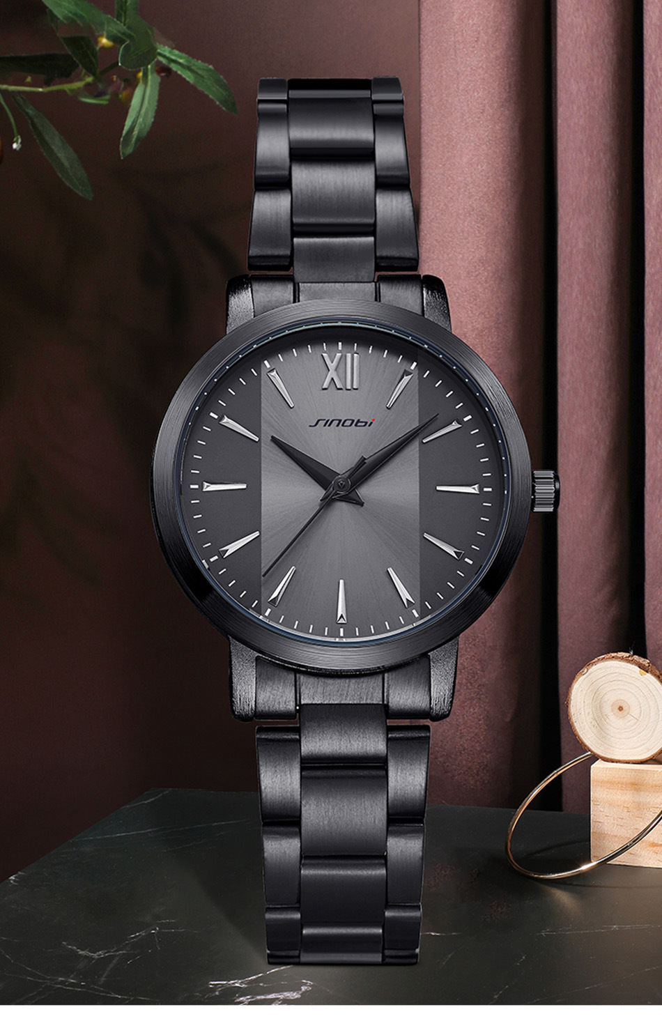 sinobi现货定制热卖款时尚手表防水钢带石英表情侣表厂家批发9819