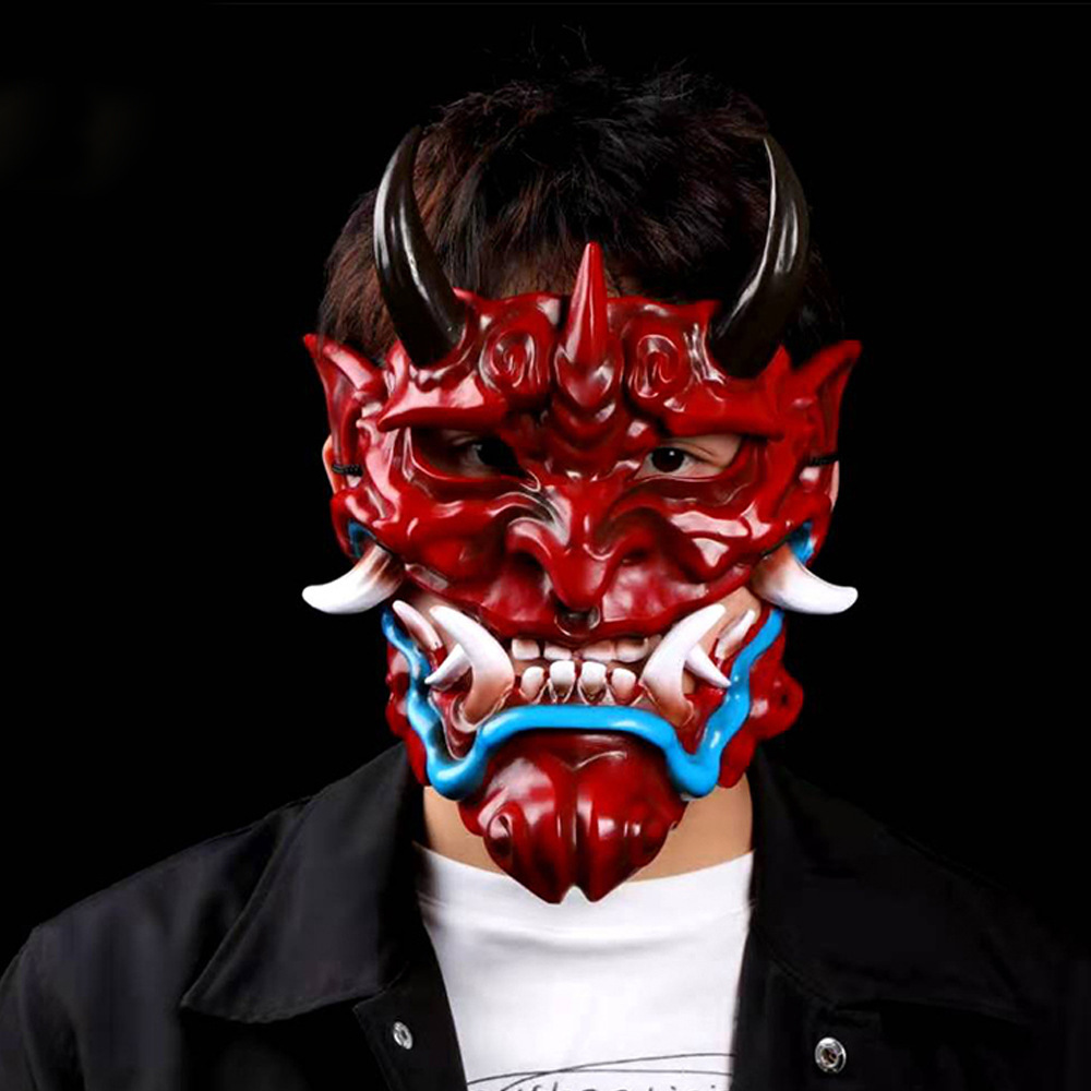 日式赤般若cosplay恐怖全脸面具日本鬼脸獠牙树脂万圣节面具道具