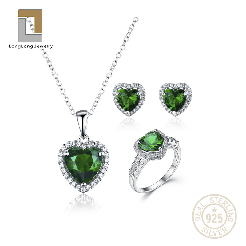 首饰套装925银镶彩宝饰品欧美爱心戒指项链耳钉珠宝套装跨境专供