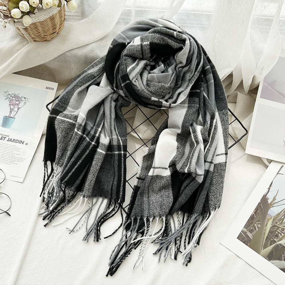 High-Grade Cashmere-like Plaid Scarf Winter Popular Cross-Border Custom All-Matching Warm Scarf Ladies Tassel Shawl