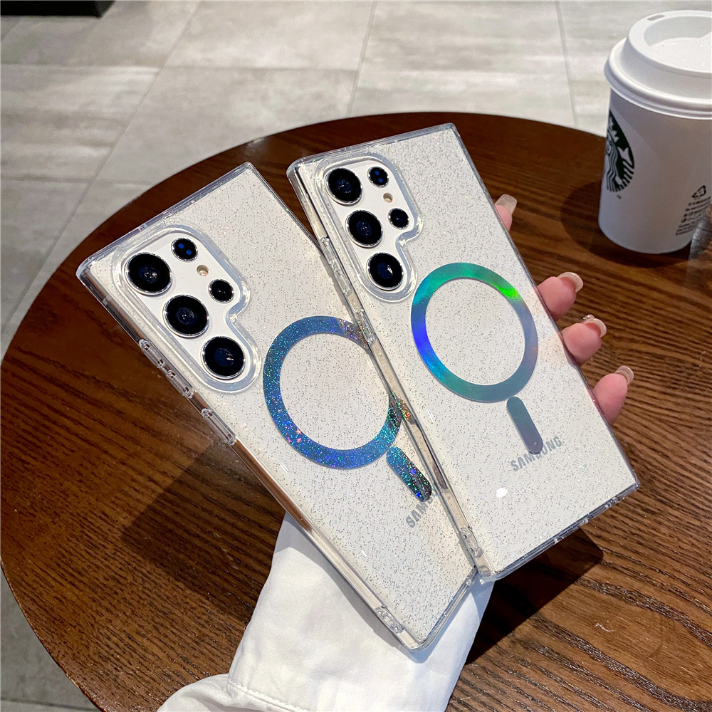 适用三星s23u透明镭射手机壳 s22炫彩星星闪粉s23磁吸壳 跨境外贸