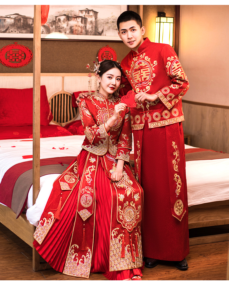 批发祥云款中式情侣结婚礼服秀禾服 新郎接新娘正红色吉祥秀禾服