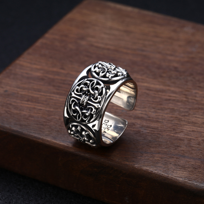 批发s925纯银戒指男款藤蔓镂空指开口 环泰银复古做旧重工饰品