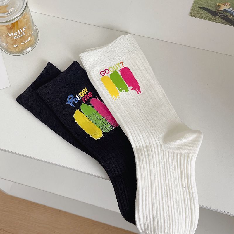 彩绘烫印袜子女秋季新款中筒袜ins潮高颜值网红款个性多巴胺长袜