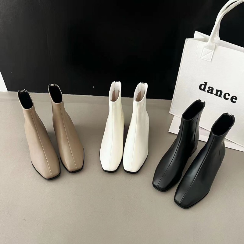 韩国方头白色短靴女2023秋冬季新款百搭后拉链粗跟马丁瘦靴裸单靴