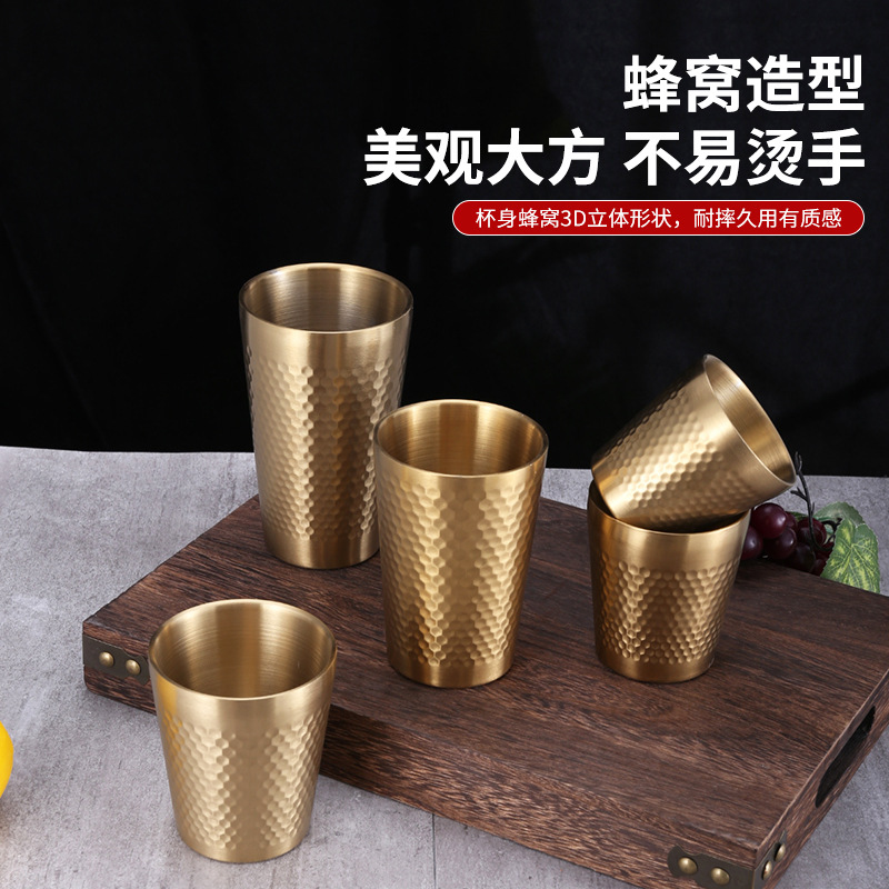 New Double-Layer Hammered Golden Water Cup 304 Stainless Steel Korean Cup Beer Steins Camping Kindergarten Tea Cup