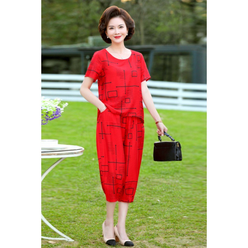 2024新款中年妈妈夏装短袖上衣套装中老年女装宽松休闲两件套