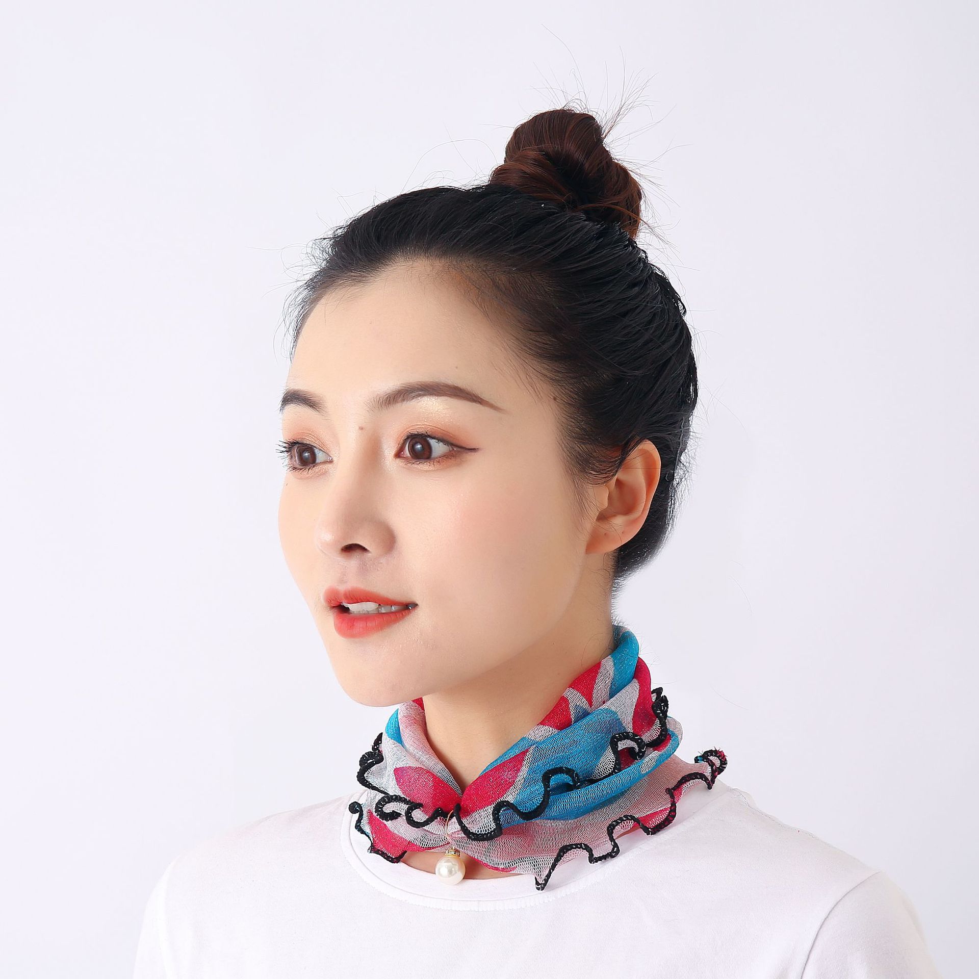 韩版网纱小围脖防晒遮阳护脖子丝巾春秋薄款波浪边脖套