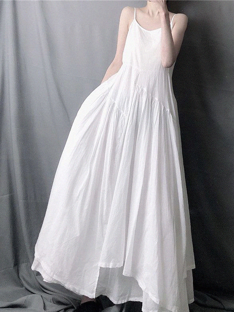 捡漏~外贸原单出口白色吊带连衣裙不规则大摆棉麻背心长裙子-阿里巴巴