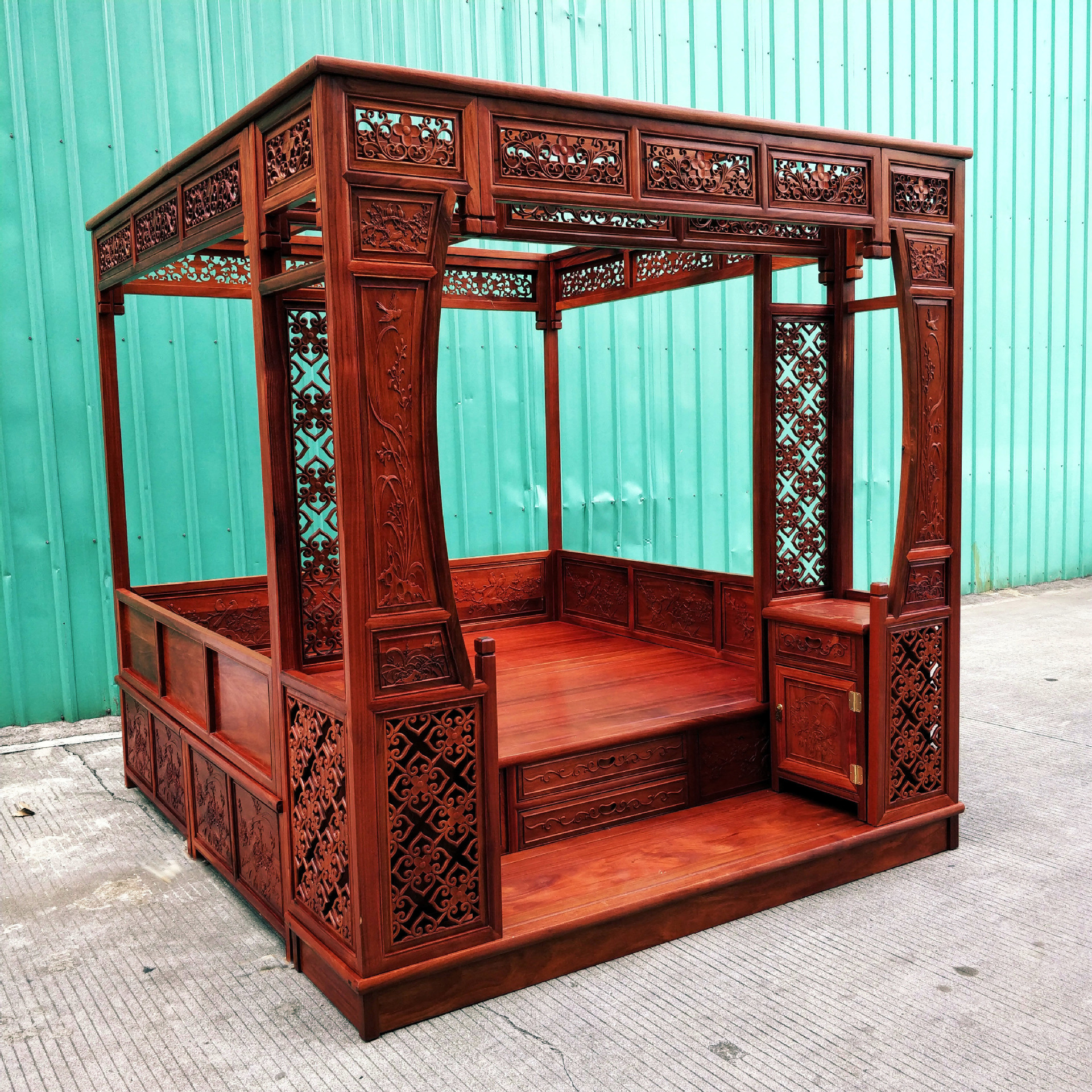 新中式实木千工拔步床红木架子床缅甸花梨木踏步床月洞床支持