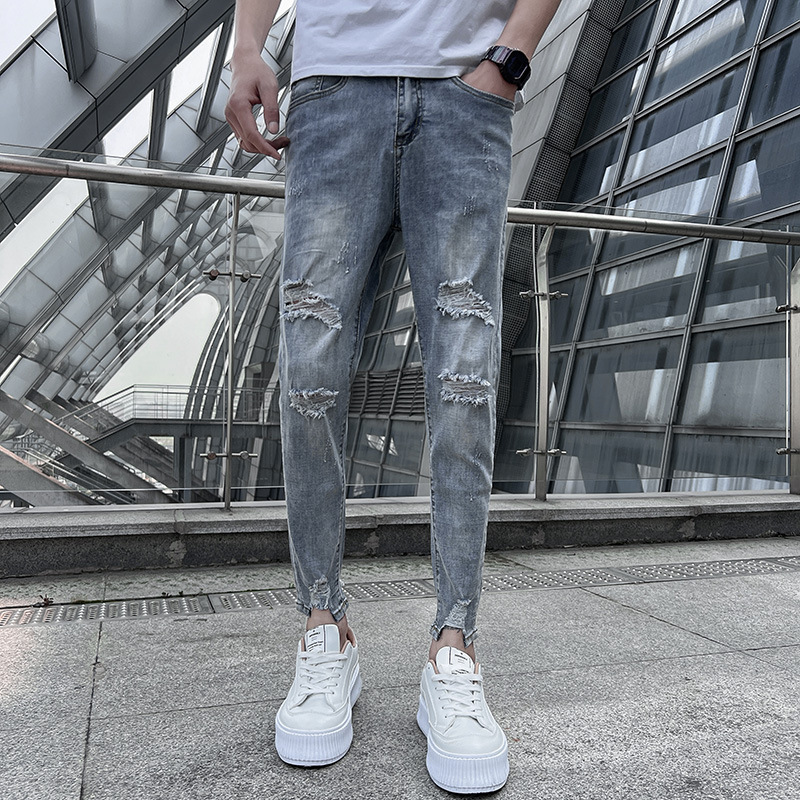 牛仔裤男士夏款潮牌修身韩版潮流简约感夏季薄款破洞小脚长裤夏天