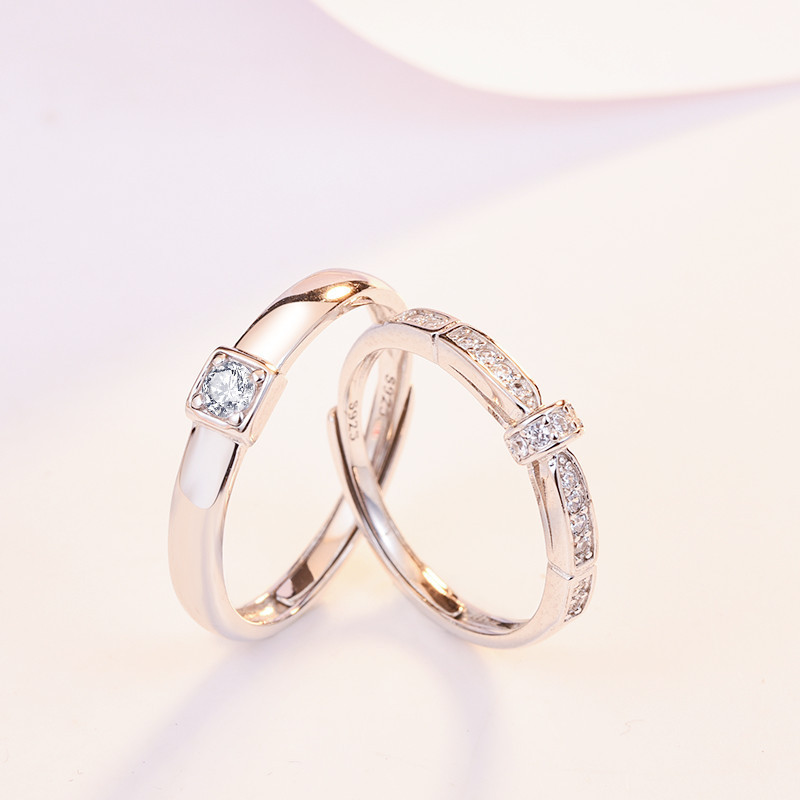 永恒誓言情侣戒指欧美个性男女镶锆石s925银开口结婚对戒 亚马逊