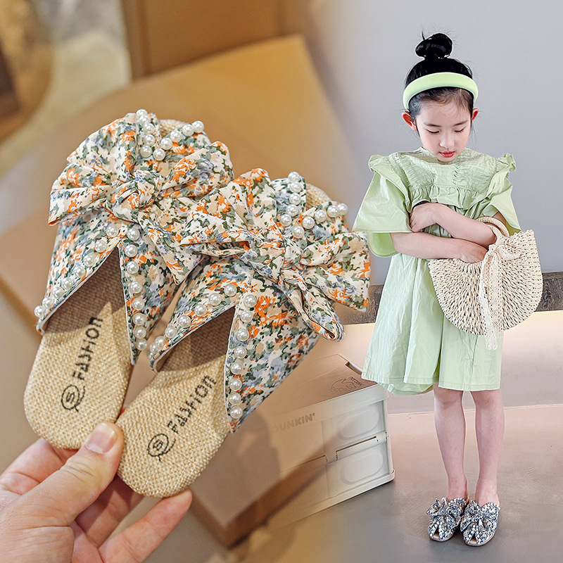 Girls' Classic Style Slippers 2023 Summer New Pearl Bow Little Girl Peep-Toe Slippers Medium and Large Kids Shoes