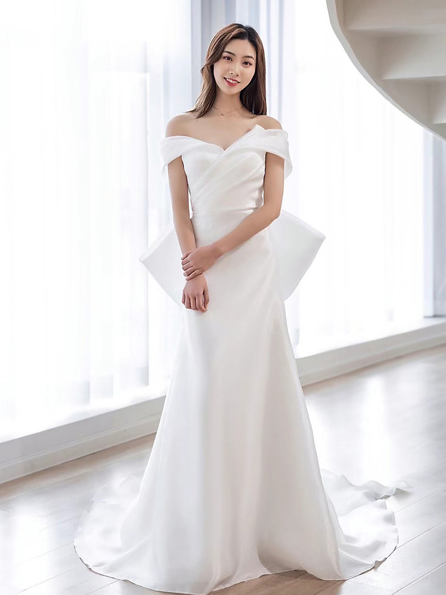 tjvj【纯洁】超仙梦幻简约轻纱一字肩婚纱礼服新娘修身鱼尾主婚纱