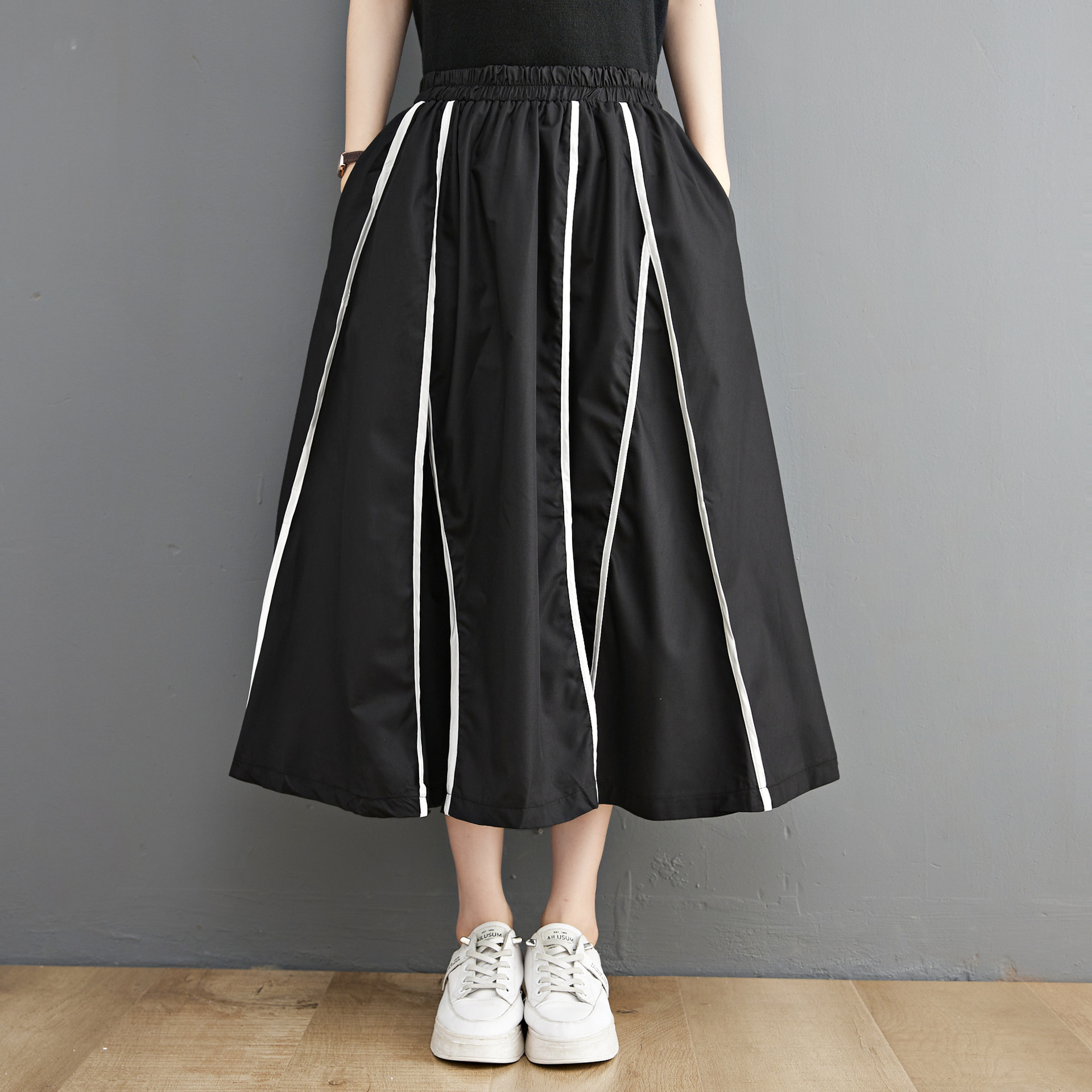 半身裙女设计感小众2022夏季宽松大码撞色织带中长款a字大摆长裙