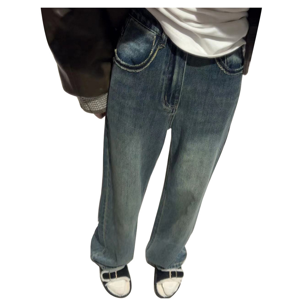 Retro Blue Frayed Narrow Wide-Leg Jeans for Women Spring 2023 New Design Sense Casual Straight-Leg Mop Pants