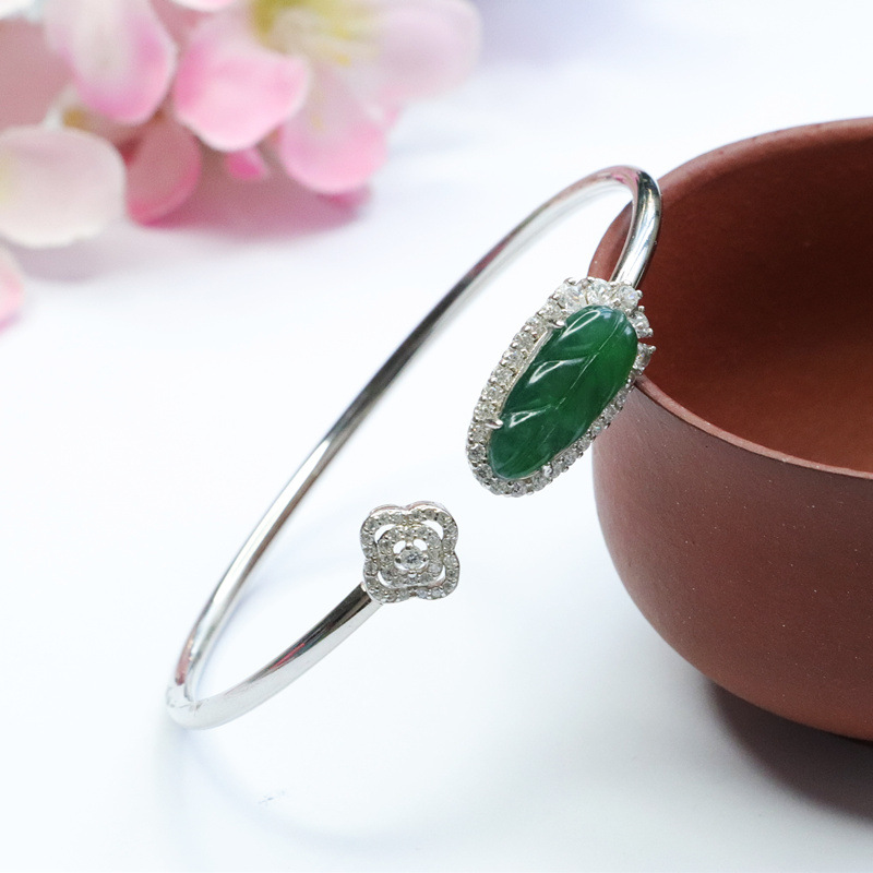 鑫钰 直播代发s925银镶冰种翡翠叶子手镯帝王绿开口镯子手环玉石
