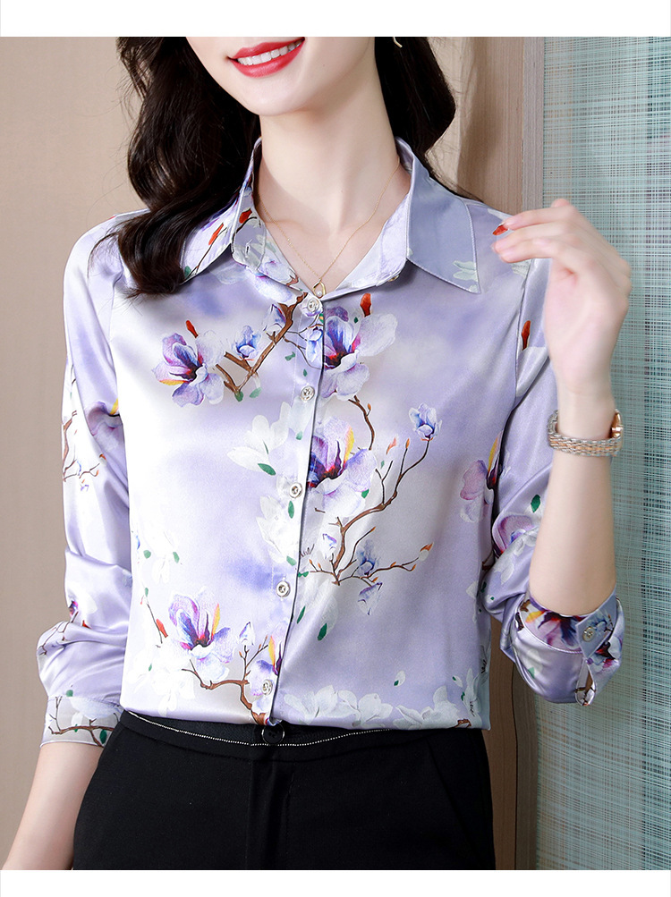 真丝衬衫女秋季2021新款桑蚕丝时尚印花百搭长袖气质翻领缎面衬衣
