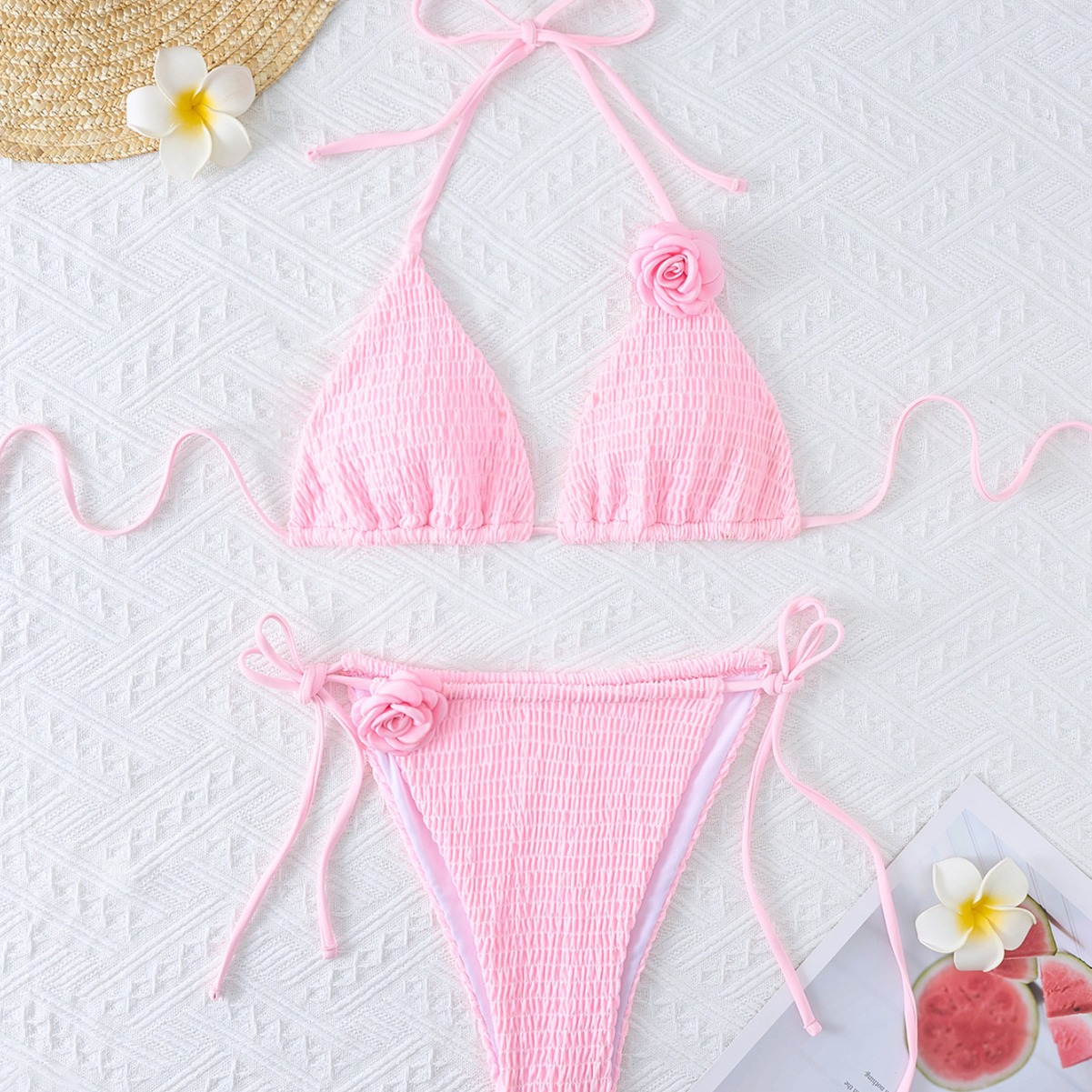 航森2024新款欧美亚马逊跨境纯色性感打懒布三角包花朵比基尼泳衣