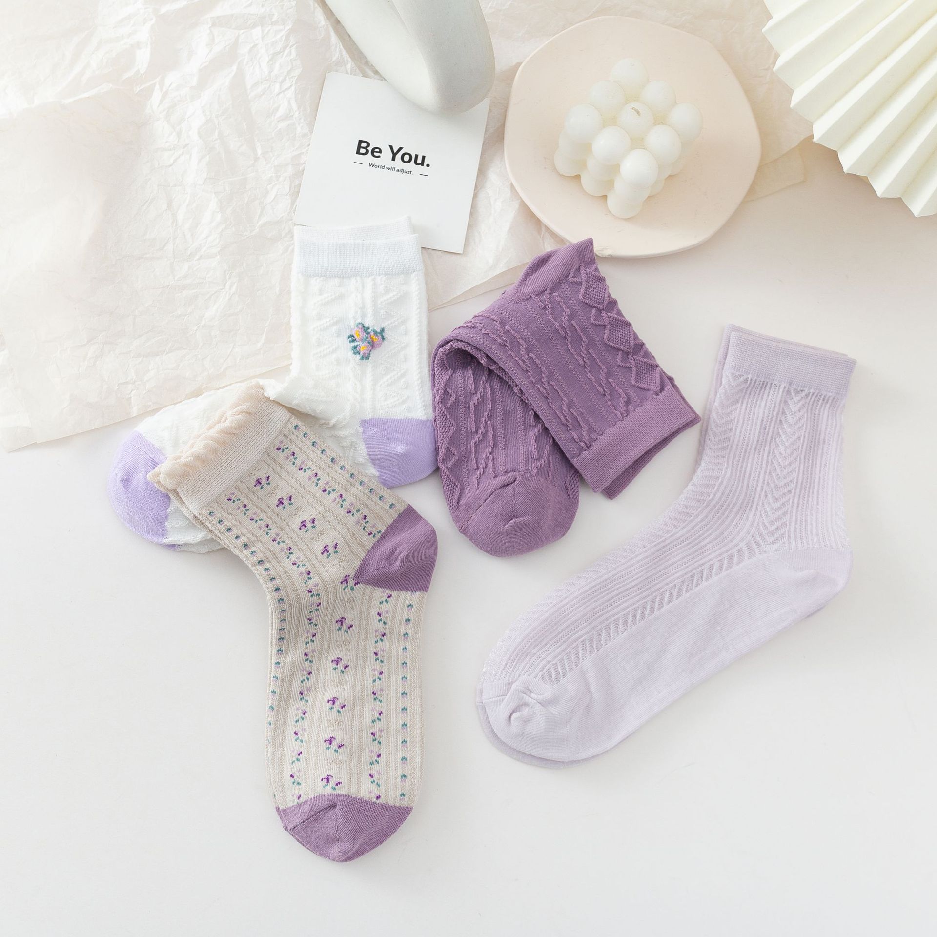凯绒娜小清新浅紫小碎花袜子花边袜防潮吸汗棉纱袜商务袜