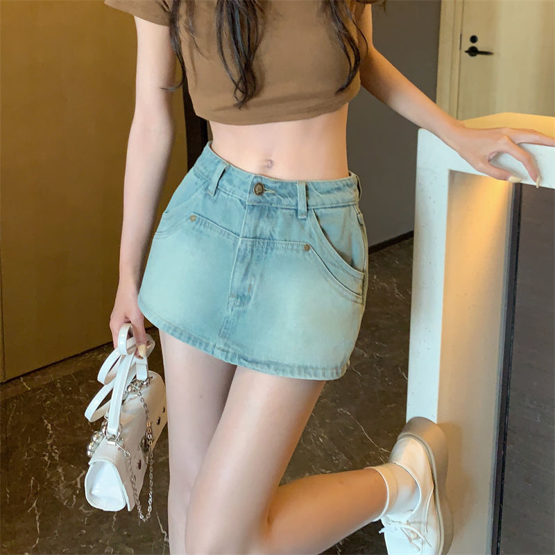 Hot Girl Short Skirt Light Blue Denim Half-Length Female 2022 Summer New Skirt A- Line High Waist Slimming Hip-Wrapped Dress