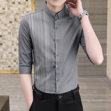 夏季中袖衬衫男士韩版修身潮流寸衫薄休闲时尚条纹帅气七分袖衬衣