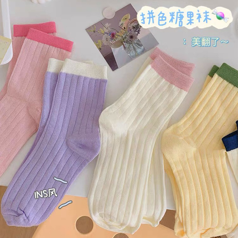 Women's Socks Japanese Style Thin Tube Socks Contrast Color Candy Color Bunching Socks Vertical Stripes Versatile Spring and Autumn Stockings Women