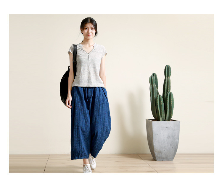 春夏季新款天丝亚麻清凉透气女v领文艺宽松短袖t恤针织衫详情24