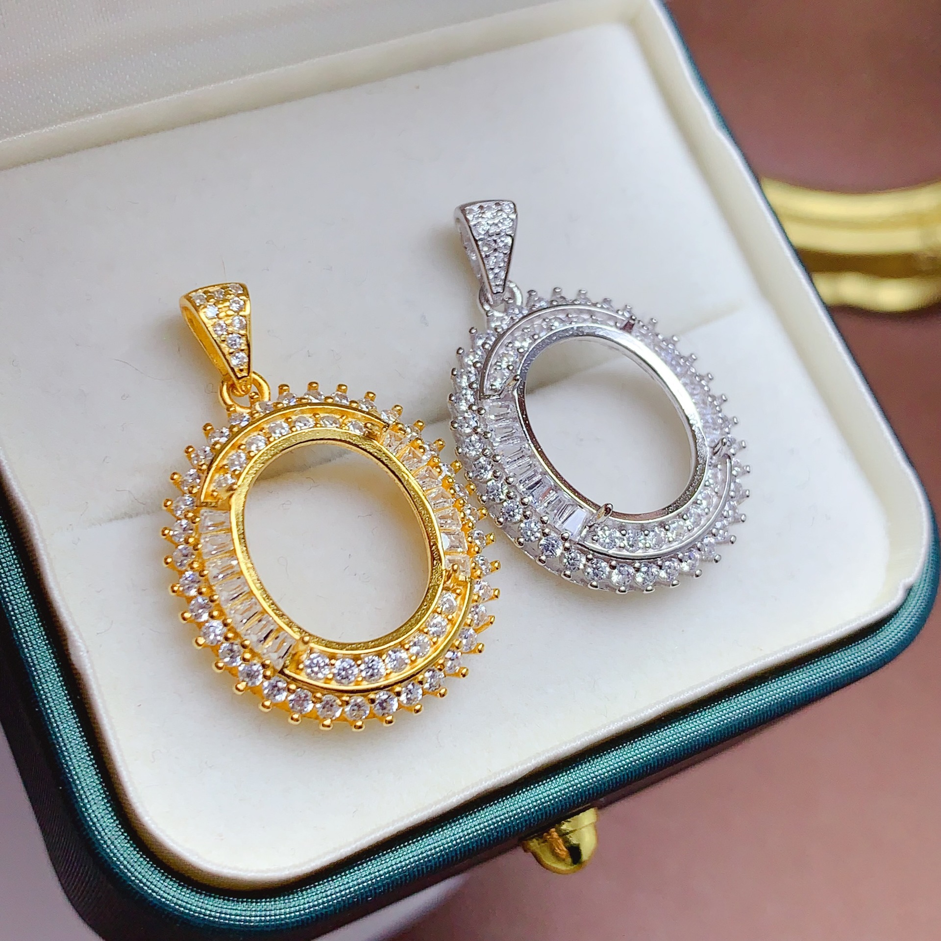 坤爱珠宝彩宝首饰925银未镶嵌宝石吊坠空托双围钻豪华款12*16镶嵌