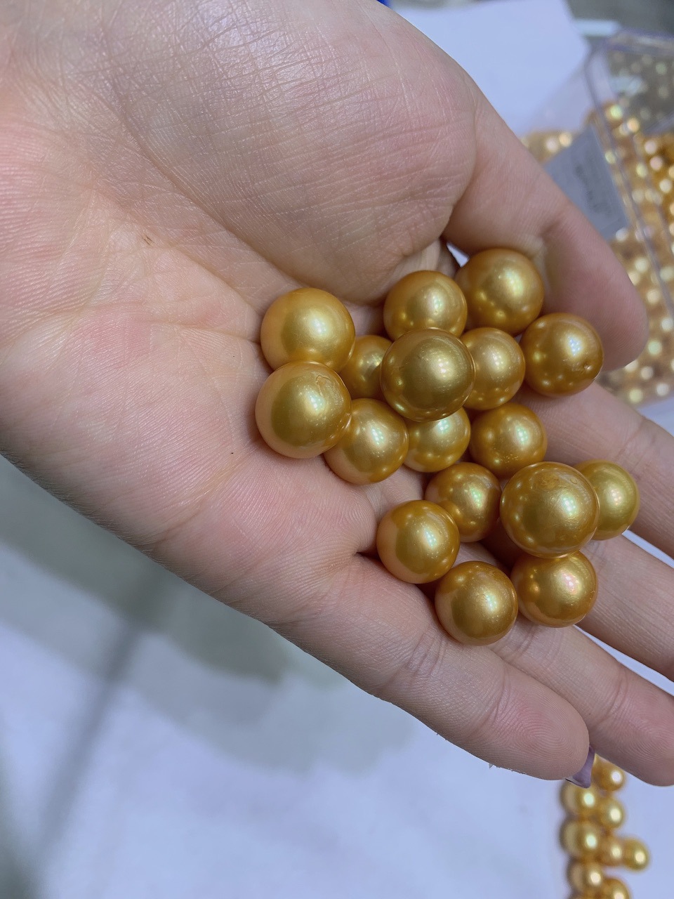 12-15mm染色金色珍珠近圆基本无暇裸珠diy