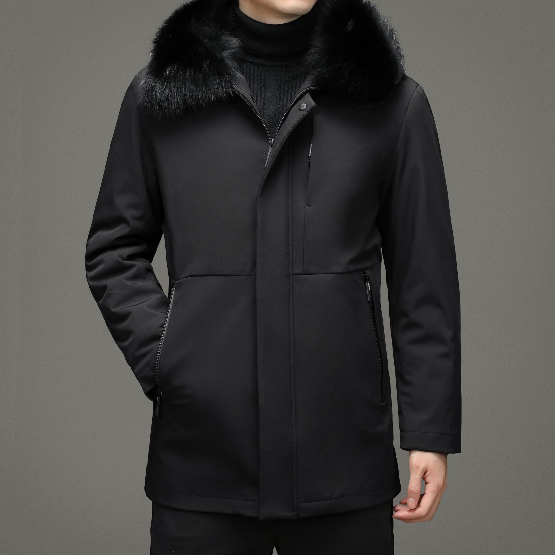 艾蒂思顿2021冬季新款男式中长款狐狸毛领尼克服时尚兔毛内胆男装