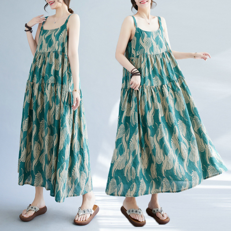 实拍2024夏新款胖mm印花吊带裙子宽松大码棉麻舒适连衣长裙女批发