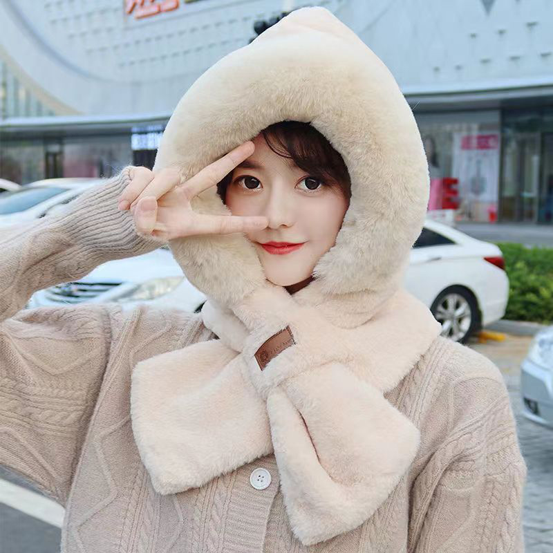 Hat Scarf One-Piece Hat Hooded Scarf Autumn and Winter Female Adult Cycling Warm with Velvet Earflaps Thickened Wind-Proof Cap