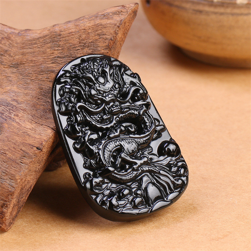 天然黑曜石龙牌吊坠生肖龙属相飞龙在天挂坠霸气男女情侣通用项链