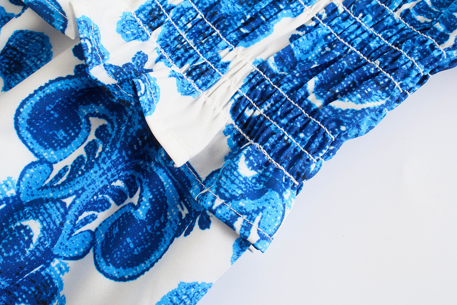 批发2021夏新品欧美风女装腰果花蓝色长袖连衣裙