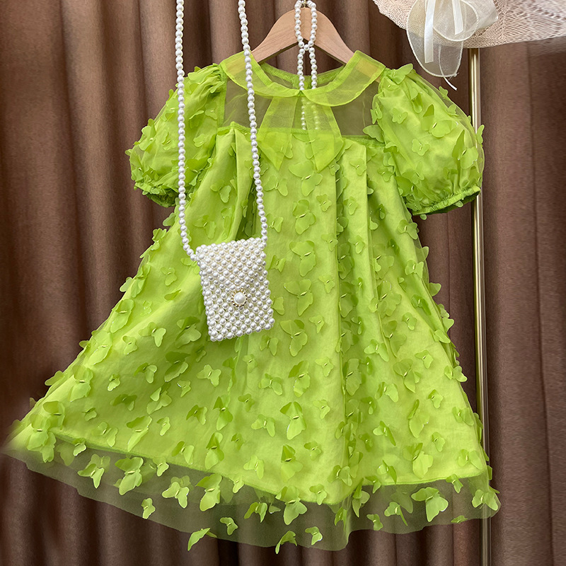 女童公主连衣裙夏款仙气网红裙欧美跨境女童网纱裙绿色蝴蝶连衣裙