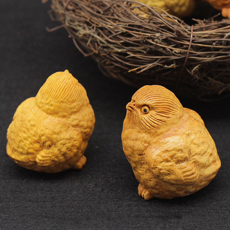 崖柏小鸡鸡蛋 摆件幸福一家 手把件带鸡窝 吉祥物 雕刻把件