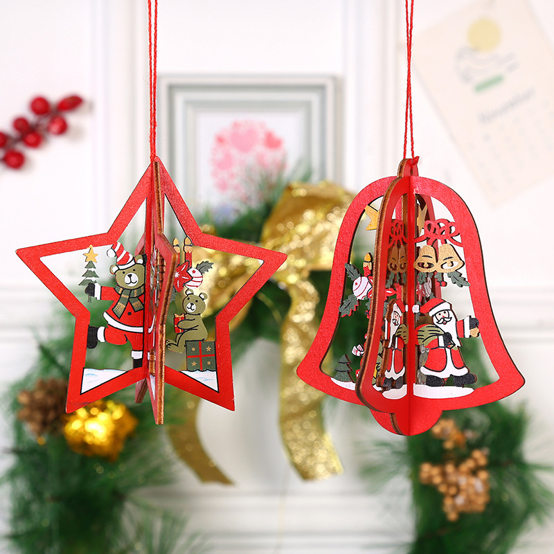 Christmas Decorations Pendant Christmas Tree Pendant Wooden Three-Dimensional Snowflake Five-Pointed Star Bell Christmas Gift Wholesale