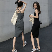 夏季新款法式吊带连衣裙韩版交叉露背长裙款开叉裙子女装跨境eBay